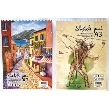 Albumas eskizams, A3, 50 lapų, 120gsm, lygūs vidiniai lapai, su spirale viršuje
