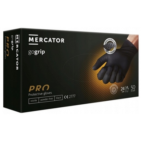 Vienkartinės nitrilinės pirštinės MERCATOR GoGrip Black, XL dydis, juodos sp., be pudros, 50 vnt.