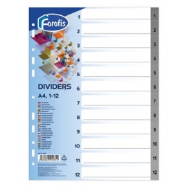 Skiriamieji lapai FOROFIS, A4, plastikiniai, 1-12, 130mkr, pilkos sp.