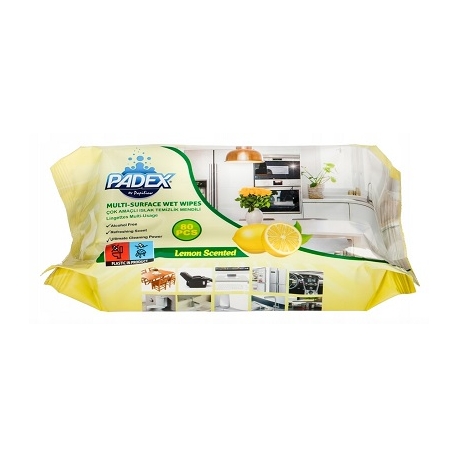 Drėgnos servetėlės paviršių valymui PADEX, 80 vnt., citrinų kvapo