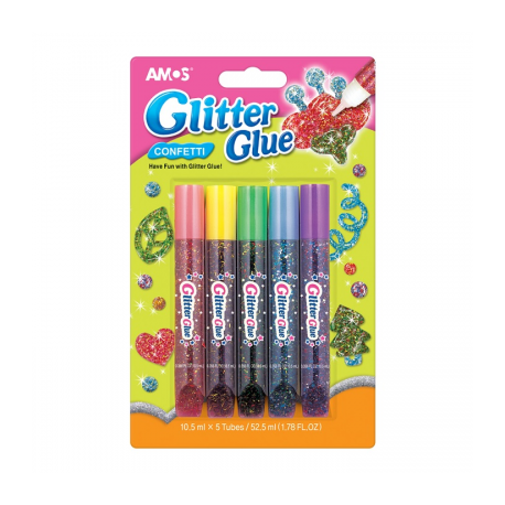 Klijų su blizgučiu rinkinys CONFETTI GCF10B5, Amos, 5 spalvos po 10,5ml, su blizgučiais