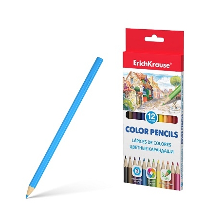 Spalvoti pieštukai, ErichKrause, storis 3mm, šiašiabriauniai, 12 spalvų