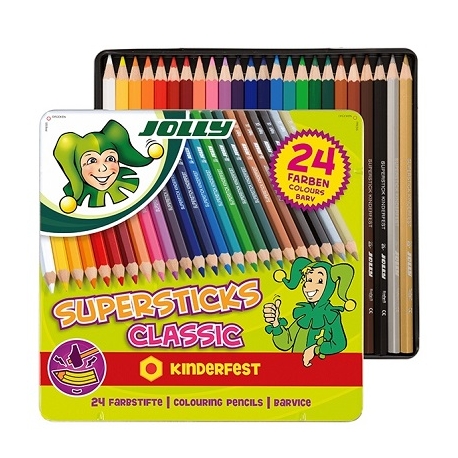 Spalvoti pieštukai 24 sp. 3D metalinėje dėžutėje SUPERSTICKS CLASSIC, Jolly