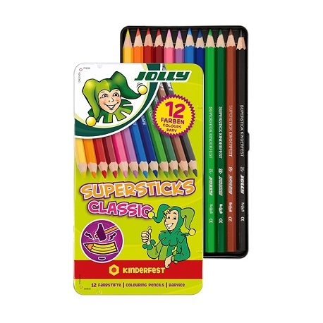 Spalvoti pieštukai 12 sp. 3D metalinėje dėžutėje SUPERSTICKS CLASSIC, Jolly