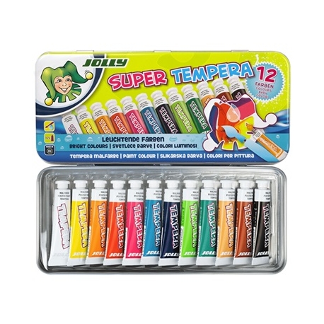 Tempera SUPER, Jolly, 12 spalvų po 7,5ml, metalinėje dėžutėje