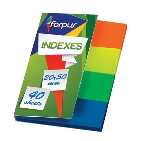 Plastikiniai indeksai-žymekliai FORPUS, 20x50mm, 160 lapelių, 4 sp.